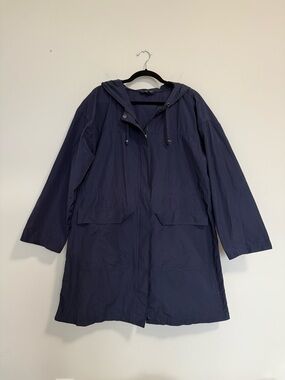 Eileen Fisher Light Cotton Nylon Hooded Coat Navy Blue XL
